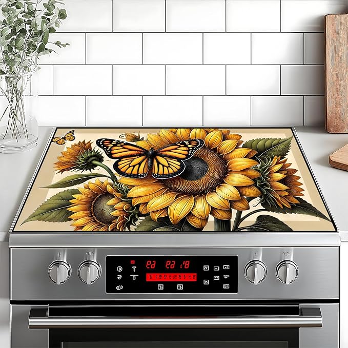 Stove Top Cover Flower Gas Stove Top Cover for Home Decoration Kitchen Pad Non-Stick Washable Cooktop Covers Countertop Protector Keep Stove Clean (Sunflower, 28L"x20W")