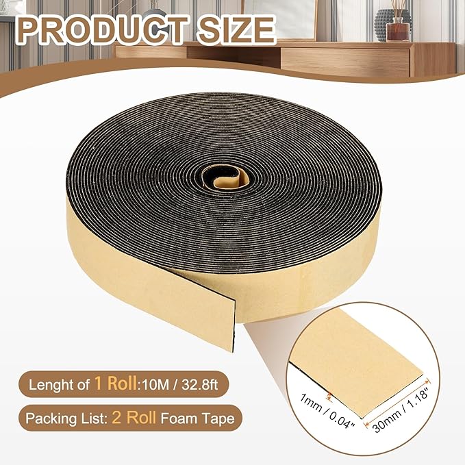 PATIKIL Foam Insulation Tape, 2Pcs 1-3/16" W x 1/16" t x 32.8FT Self Adhesive Weather Stripping Door Seal Strip for Door Window Air Conditioning, Black