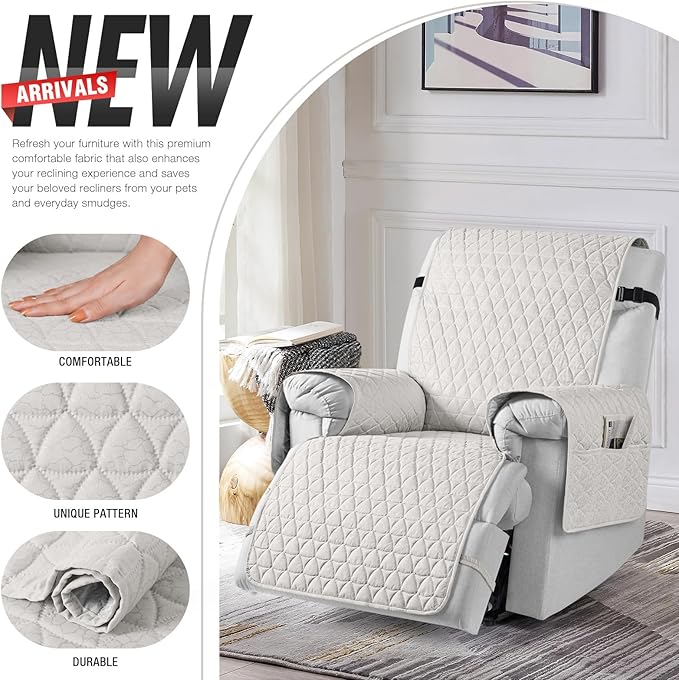 TAOCOCO 100% Waterproof Recliner Cover - Recliner Cover with Non-Slip Granule, Recliner Chair Covers with Elastic Band, Recliner Chair Covers for Reclining Chair(White,Large-28'')
