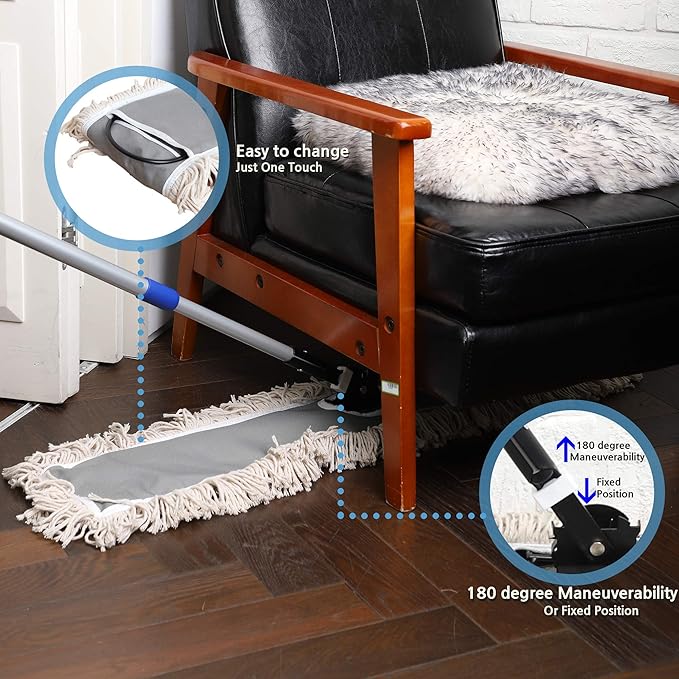 36" Industrial Cotton Floor Dust Mop with Adjustable Steel Handle - Commercial Mops for Hardwood, Tiles, Laminate, Vinyl, Garage epoxy, Bamboo Surface Cleaning and Flooring Push Dust Broom