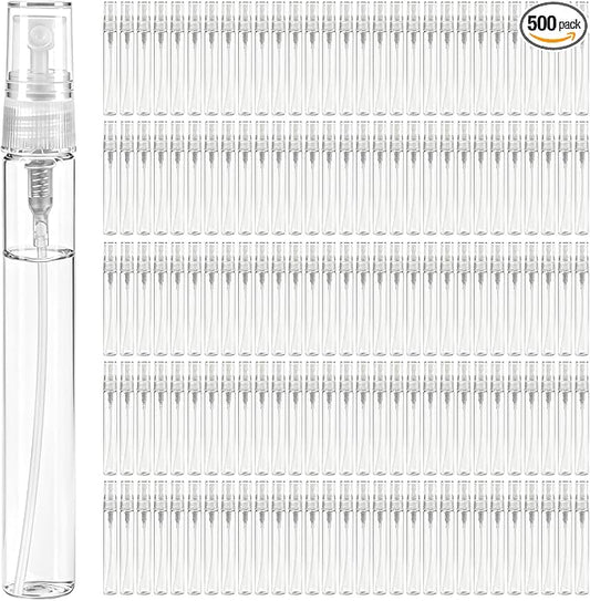 500 Pcs 10ml Mini Spray Bottles Portable Perfume Refillable Dispenser Container Clear Glass Perfume Sprayer for Cleaning Essential Oils Pocket Travel