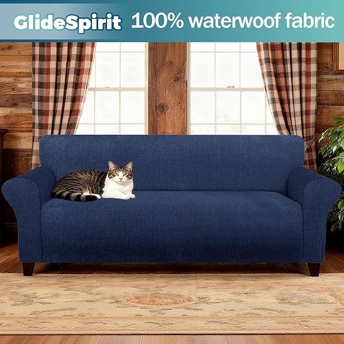 Waterproof Couch Cover, Stretch Non-Slip Sofa Slipcover with Elastic Bottom That Stays in Place - Leakproof Furniture Protector for Kids and Pets - Washable (Sofa, Navy)