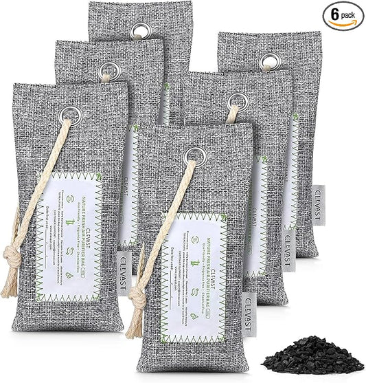CLEVAST Activated Bamboo Charcoal Odor Absorber - 6 x 60g Air Purifying Bags Natural Fresh, Deodorizer and Moisture Eliminator for Home, Closet, Shoes, Car Air freshener Grey