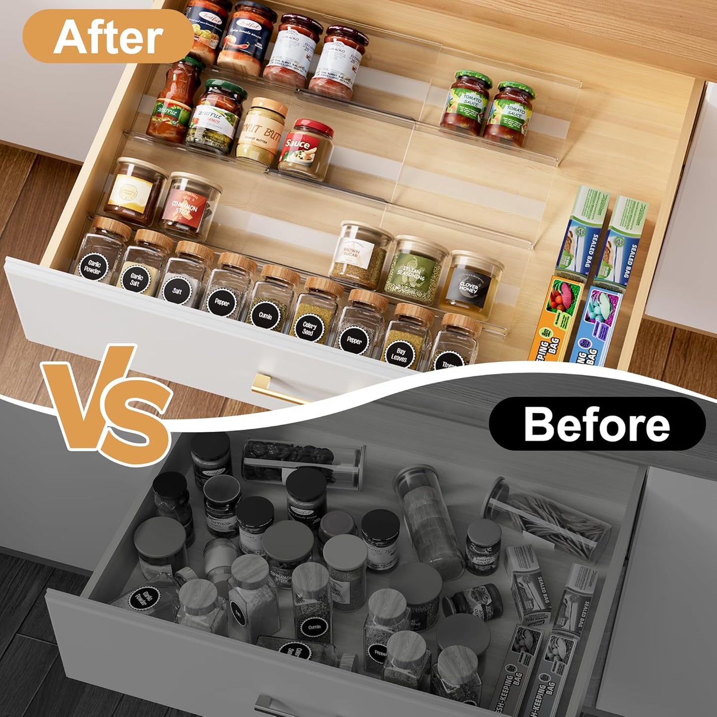 8-Pack Spice Drawer Organizer, Expandable Acrylic Seasoning Rack (13" to 26") with Anti-Slip Mat, Kitchen Spice Rack Drawer Holds up to 56 Jars (Jars Not Included)