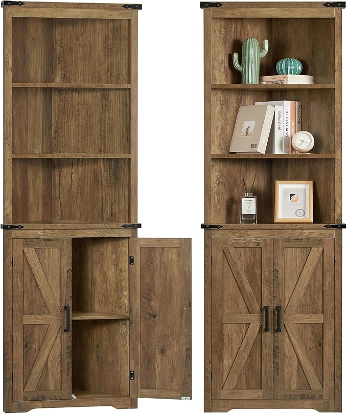 TEENFON Farmhouse Corner Cabinet, 70" H Tall Corner Hutch with 5 Shelves & 2 Barn Doors, Storage Cabinet with Adjustable Shelf, for Living Room, Kitchen, Bathroom, Honey Brown