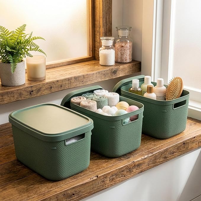 BINO | Plastic Storage Bins with Lids, 5.5 Liter - 3 Pack, Desert Green | THE TWILL COLLECTION | Plastic Bins for Organization | Woven Storage Baskets for Organizing Pantry Shelf Organizer Basket Bin