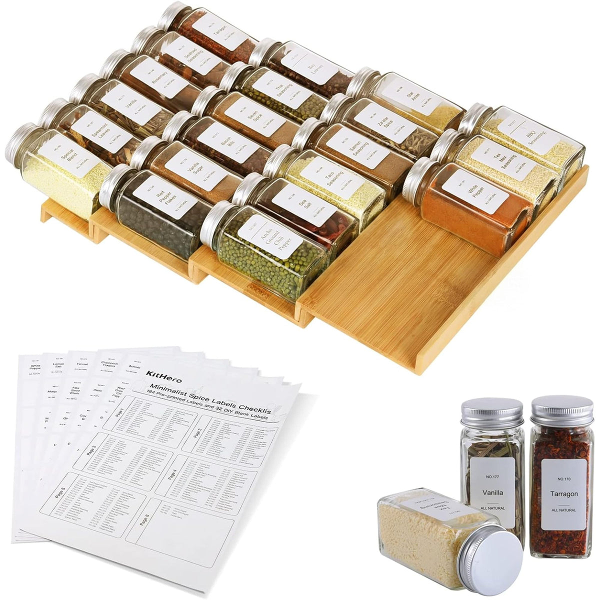 Spice Drawer Organizer with 24 Spice Jars,216 Labels - Image 1