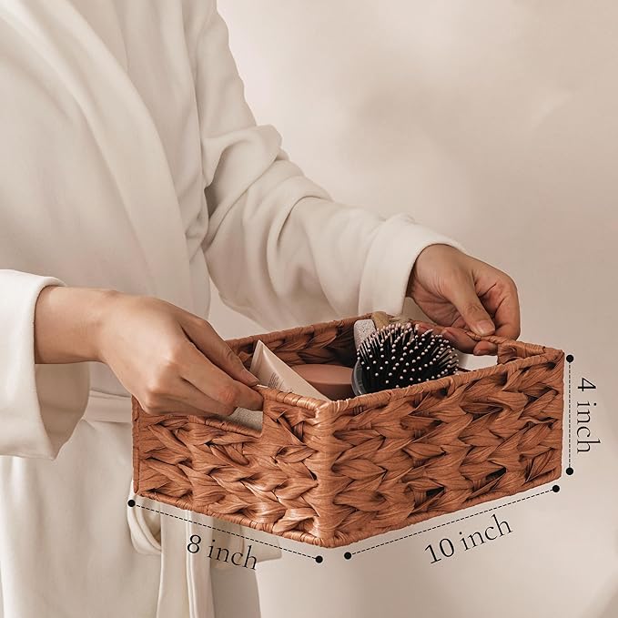 Storage Baskets with Label — Wicker Pantry Baskets for Shelves, Waterproof Woven Basket for Organizing, 2-Pack Plastic Rectangle Organizers with Handles, Light Brown (10L×8H×4W)