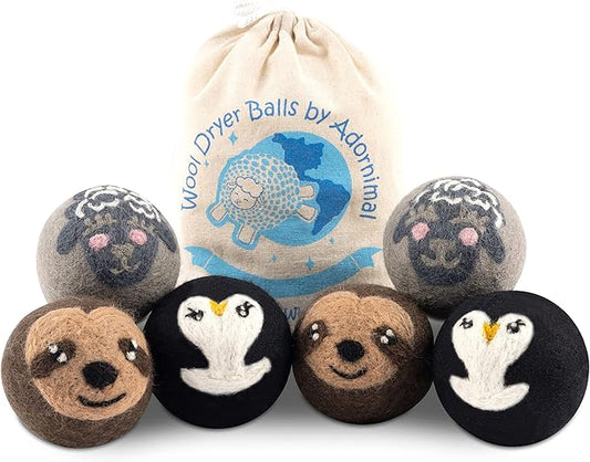 Wool Dryer Balls – Sloth, Penguin and Sheep Design Dryer Balls Laundry Reusable – Natural Fabric Softener – 100% Pure New Zealand Wool – Handcrafted in Nepal – 6 Pack Laundry Balls for Dryer