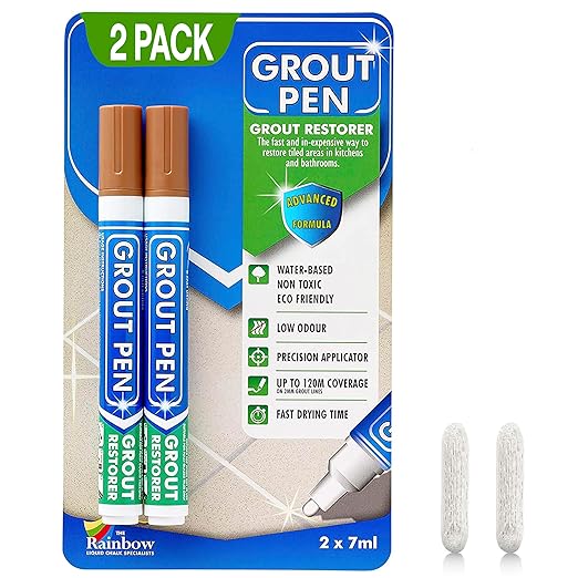 Grout Pen Tile Paint Marker: Waterproof Grout Paint, Tile Grout Colorant and Sealer Pen - Narrow 5mm, 2 Pack with Extra Tips (7mL) - Terracotta