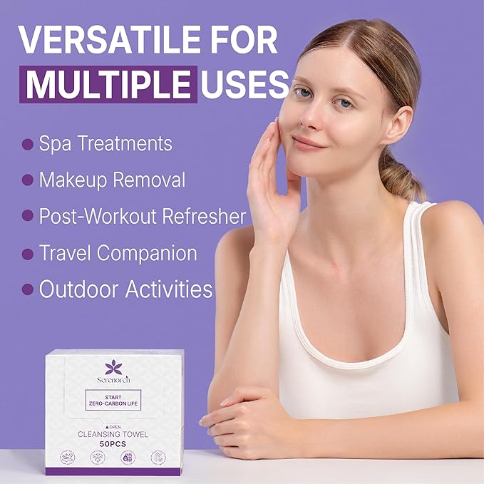 Disposable Face Towels (50 Count) – XL 10"x12" Ultra Thick Facial Cleansing Cloths – Soft Biodegradable Dry Wipes for Sensitive Skin – Lint-Free Makeup Remover Towelettes for Daily Skincare