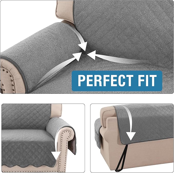 H.VERSAILTEX Waterproof Quilted Couch Covers Non Slip Sofa Covers Protector Slipcovers for Dogs, Single Sofa Armchair for Pet Furniture Protector Modern Fleece Fabric (Chair,Grey)