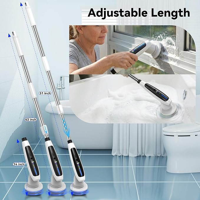 Electric Spin Scrubber, Cleaning Brush with 8 Brush Heads - Dual Speed IPX7 Waterproof Power Scrubber for Heavy-Duty Bathtub, Glass, Tile, and Car Cleaning Brush (White)