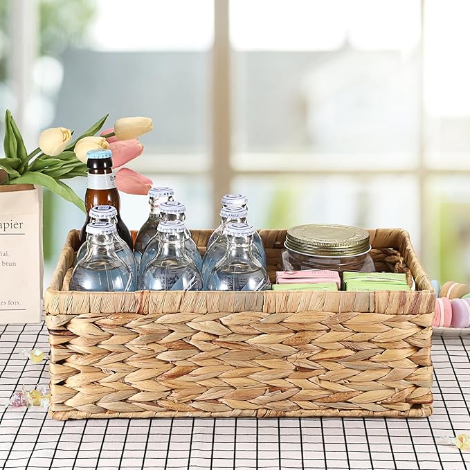 Hipiwe Wicker Storage Basket Bin Rectangular Wicker Baskets with Handles Natural Water Hyacinth Pantry Baskets Large Handwoven Basket Bin for Shelves Home Office Organizing,15"x10.2"