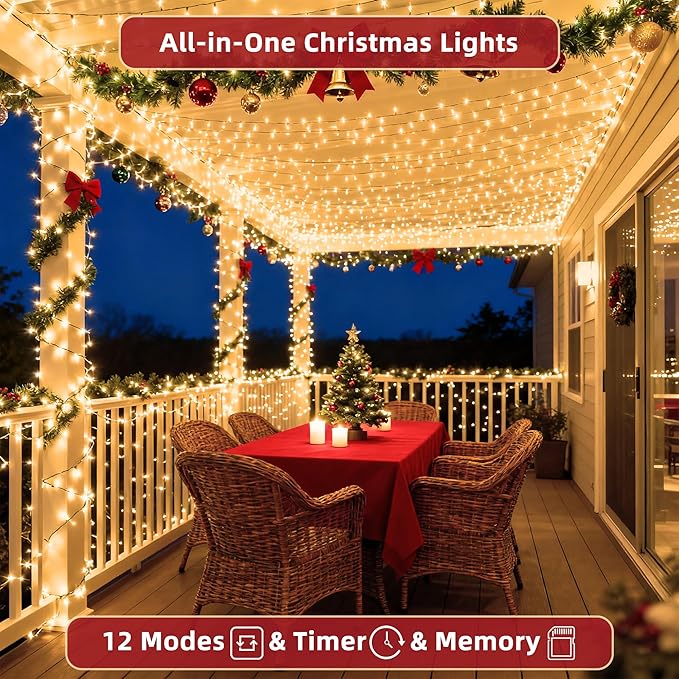300 LED Outdoor Christmas Lights 75ft, 12 Lighting Modes Indoor String Lights Dimmable & Timer Memory, Outsite Waterproof Tree Lights for Xmas Garden Wedding Party Holiday Decorations Warm White