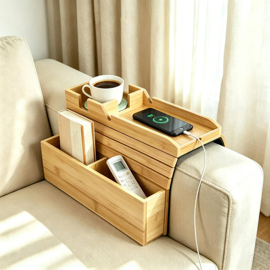 Couch Armrest Table with Cup Holder Bamboo Sofa Arm Tray - Image 1