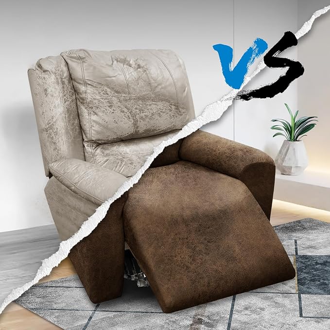 Chair Covers 4-Pieces Recliner Chair Covers 1 Seater Cover for Recliner Chair Leather Look Recliner Slipcovers with Pockets Spandex Fabric Furniture Covers(Recliner, Brown)