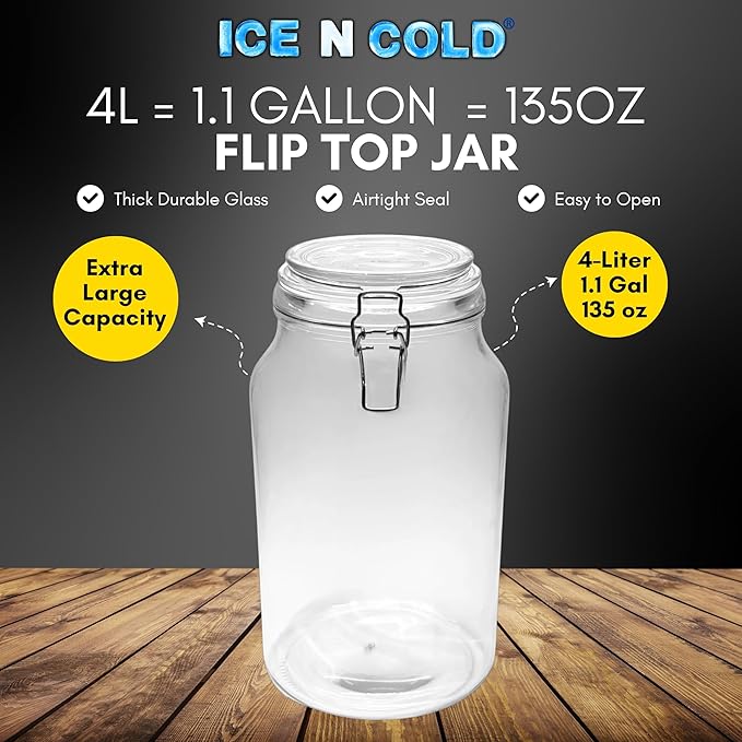 Airtight Glass Storage Jars with Clamp Lid – Food Storage Containers with Rubber Gasket Seal – Pantry & Kitchen Canisters for Dry Goods, Coffee, Sugar, Pasta – 0.4L to 4L Sizes (1, 135oz | 4L)