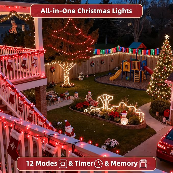 300 LED Outdoor Christmas Lights 75ft, 12 Lighting Modes Indoor String Lights Dimmable & Timer Memory, Outsite Waterproof Tree Lights for Xmas Room Garden Wedding Party Holiday Decorations Red