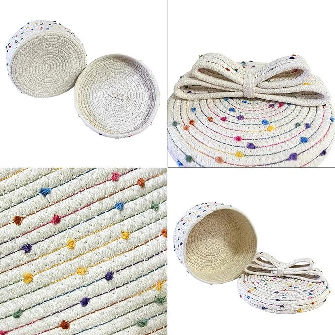 Small Storage Baskets with Lids, Round Woven Rope Basket with Lid, Cute Small Storage Box for Toy, Gift or Home Decor, Small Decorative Basket with Rainbow Pom-pom & Bow Handle (rainbow)