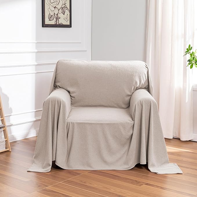 MEETSKY Small Couch Cover Oversized Armchair Sofa Covers Washable for Dogs Single Recliner Sofa Slipcover, Cat Scratch Proof Soft Sofa Throw Protector for Pets, 71" x 91", Oat