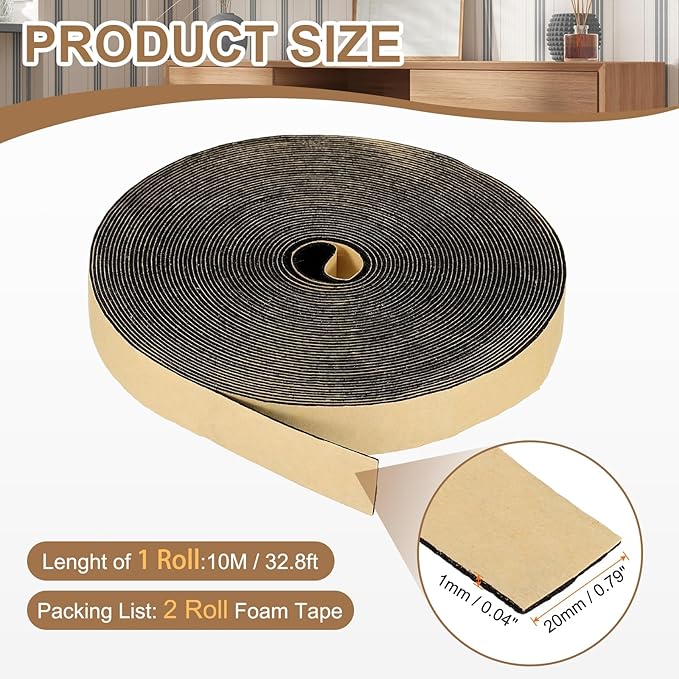 PATIKIL Foam Insulation Tape, 2Pcs 3/4" W x 1/16" t x 32.8FT Self Adhesive Weather Stripping Door Seal Strip for Door Window Air Conditioning, Black