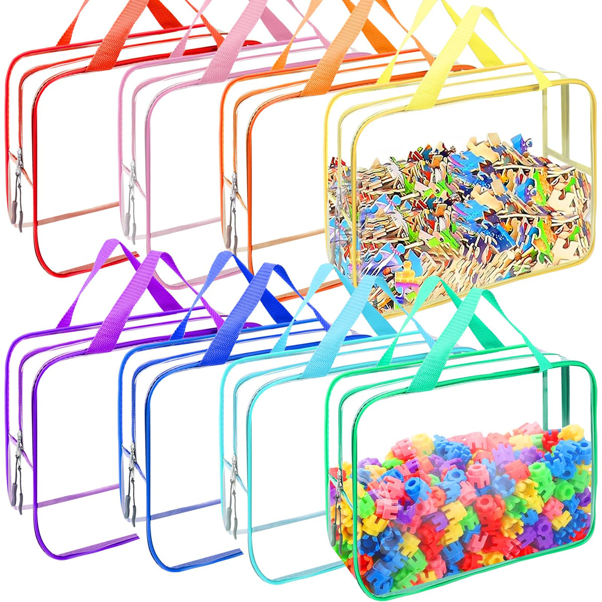 8 Packs 8 Colors Toy Storage Bags, Reusable Clear PVC - Image 1