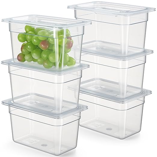 CURTA 6-Pack 1/4 Size 6" Deep NSF Polycarbonate Food Pans with Handled Lids & Drain Trays | Dishwasher & Freezer Safe Clear Container for Prep Tables, Buffet, Salad Bar, Commercial & Home Kitchen