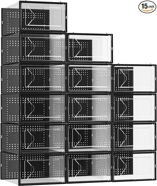 Shoe Storage Box, 15 Pack Clear Plastic Stackable Shoe Organizer for Closet, Interlocking Design for Sneakers, Foldable Shoes Container Rack with Lids, Black