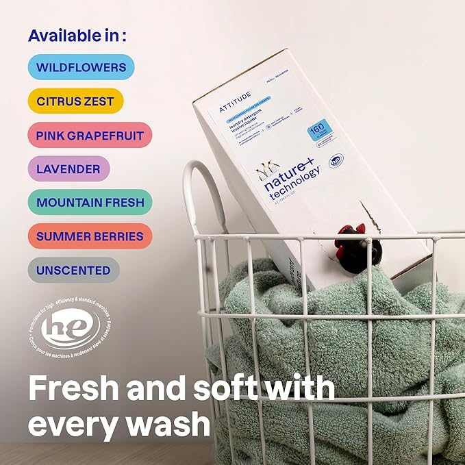 ATTITUDE Liquid Laundry Detergent Refill, EWG Verified, HE Compatible, Plant-Based & Vegan, Natural Laundry Soap, Mountain Fresh Scent, 160 Loads, 135.26 Fl Oz (Pack of 2)