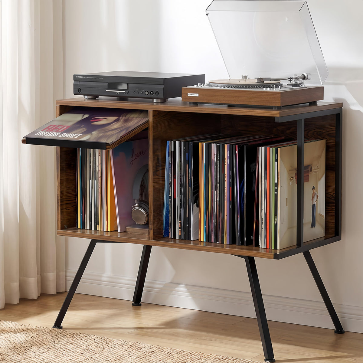 Flip Top Record Player Stand with Vinyl Storage Up to 150 Albums - Image 1