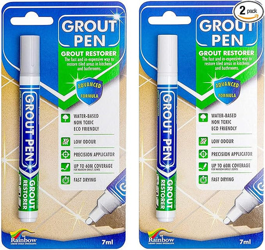 Grout Pen Tile Paint Marker: Waterproof Grout Colorant and Sealer Pen to Renew, Repair, and Refresh Tile Grout - Cleaner Coating Stain Pens - 2 Pack, 5mm Narrow Light Grey and 5mm Narrow White Tip