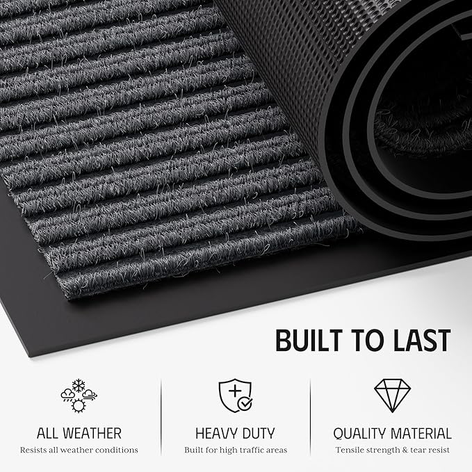 Front Door Mat 4' x 6', Heavy Duty Door Mat Outside Entrance, Non-Slip Welcome Mat Indoor Outdoor, Absorbent & Resist Dirt Entry Mat, Low Profile Commercial Door Mats Outdoor, Grey 1-Pack