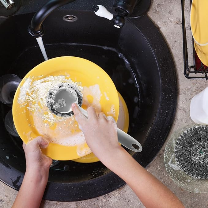 Steel Wool Scrubber Dish Brush with Handle, Detachable Stainless Steel Scrubber, Ergonomic Handle Stainless Steel Wool Scrubber, Reusable Stainless Steel Dish Scrubber for Cleaning Dishes (5pcs)