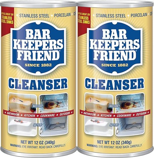 Bar Keepers Friend Powder Cleanser (2 x 12 oz) Multipurpose Cleaner, Stain & Rust Remover for Bathroom, Kitchen & Outdoor Use on Stainless Steel, Aluminum, Brass, Tile, Ceramic, Porcelain & More