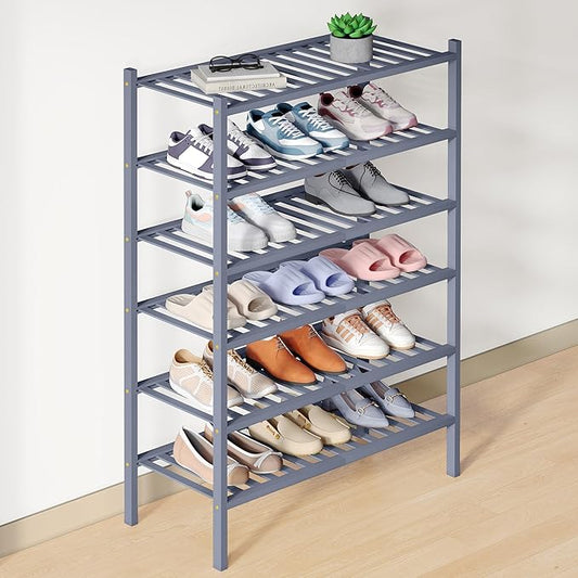 Smiry Bamboo Shoe Rack for Closet, 6 Tier Wooden Stackable Shoe Organizer, Free Standing Shoes Storage Shelf for Entryway, Front Door Entrance, Grey