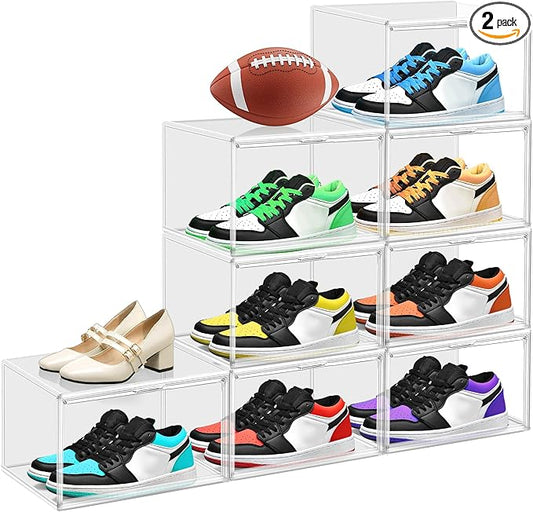 2 Pack Clear Shoe Boxes Size 12 Shoe Storage Organizer for Closet Stackable Shoes Rack Handbag Organizer Plastic Sneaker Storage Bin with Magnetic lids