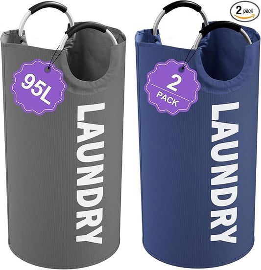 2Pack 95L Big Clothes Hamper for Family, Collapsible Laundry Baskets with Handles, Dirty Clothes Bin Stand Up Well, Toteable Laundry Bag for Bathroom, Travel, Grey/Navy Blue