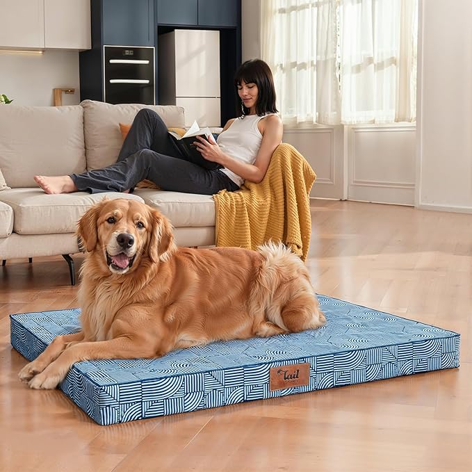 Outdoor Extra Large Dog Crate Bed, XXL Waterproof Dog Bed for Giant Breeds Dogs, 47x29 Inch Orthopedic Egg Crate Foam Pet Mat with Removable Cooling Cover, White Blue