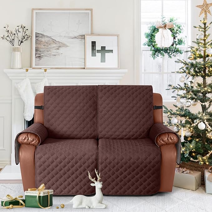 Ruaozz Waterproof Recliner Sofa Covers, 1-Piece Couch Covers for Reclining Couches Reclining Couch Cover Washable Furniture Protector with Elastic Straps Pocket for Kids Pets (Coffee, 2 Seater)