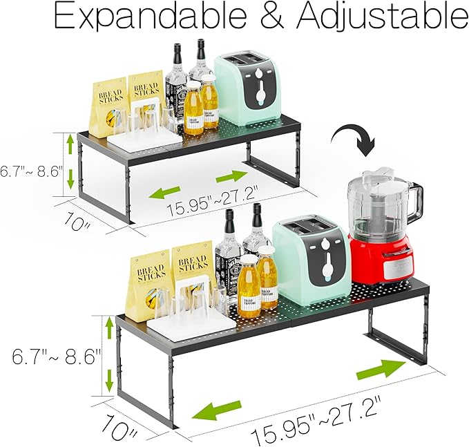 Adjustable Stackable Metal Storage Shelf Organizer - Expandable Wire Rack with Perforations for Kitchen, Pantry, Bathroom, Cabinet & Office-Compact, Durable & Sturdy (3PACKS/Large/Black)