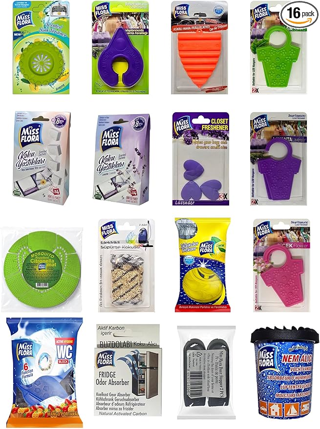 16-Piece Home Freshener Bundle – Sachets, Closet & Car Freshener, WC Block, Fridge Absorber, Moisture Control | Whole-Home Odor Eliminator
