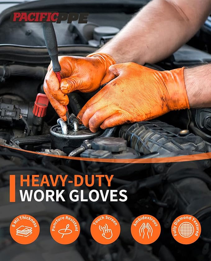 PACIFIC PPE 8 Mil Heavy-Duty Strength Nitrile Gloves, Chemical Resistant, Diamond Texture Industrial Disposable Gloves, Orange, 100PCs, X-Large