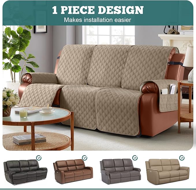 Ruaozz Waterproof Recliner Couch Covers 1-Piece Sofa Covers Washable Recliner Covers Non-Slip Furniture Protector with Elastic Straps Pocket for Kids Pets (Khaki, 3 Seater)