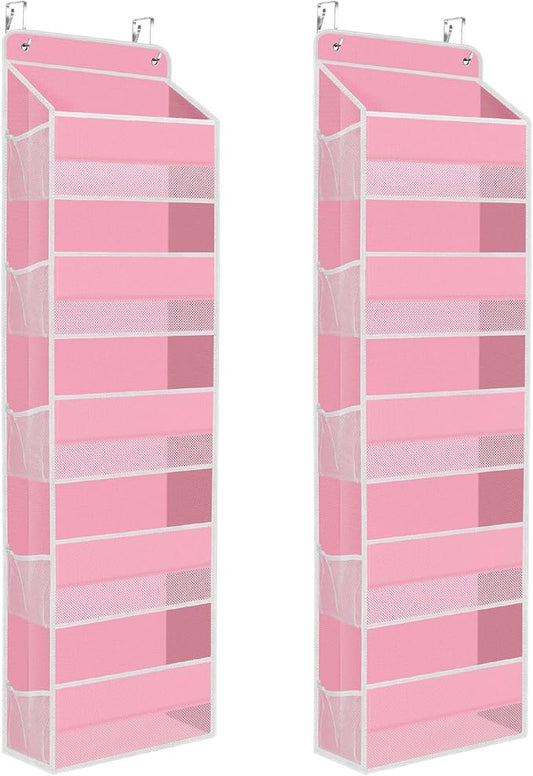 2 Pack Over The Door Organizer Hanging Storage Organizers with Clear Window 40lb Large Capacity Room Organizer for Pantry Laundry Bathroom Nursery Closet(Pink)
