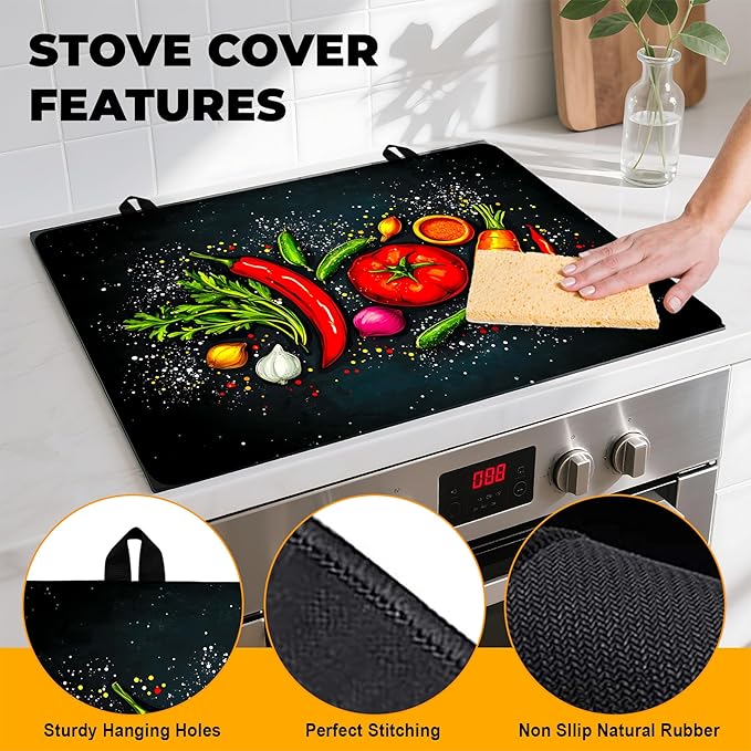 Stove Top Cover Flower Gas Stove Top Cover for Home Decoration Kitchen Pad Non-Stick Washable Cooktop Covers Countertop Protector Keep Stove Clean (Vegetable, 28L"x20W")