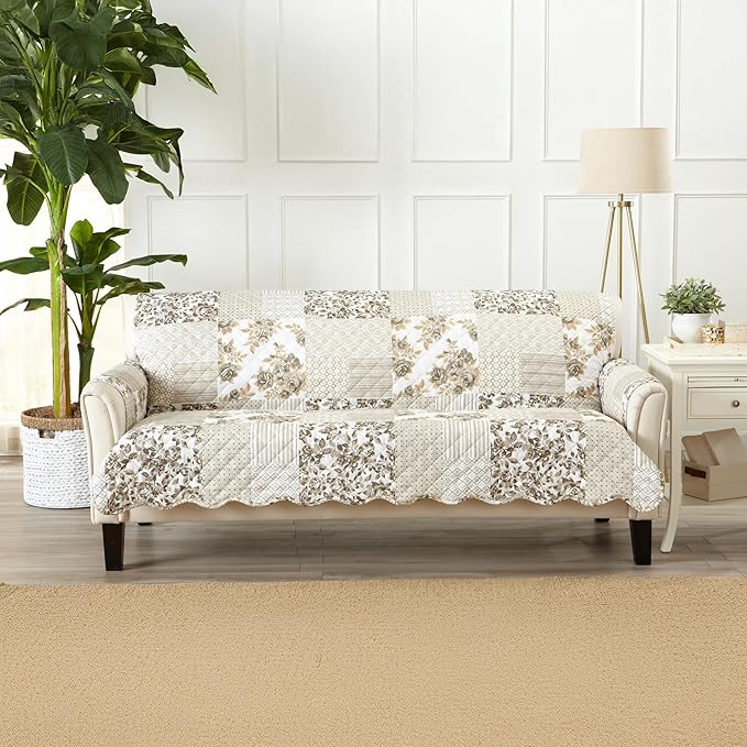 Great Bay Home Reversible Patchwork Sofa Cover - Washable Slipcover Furniture Protector with Elastic Straps - Couch Cover for Dogs, Kids, and Pets - Box-Stitched Detail (Sofa, Taupe)