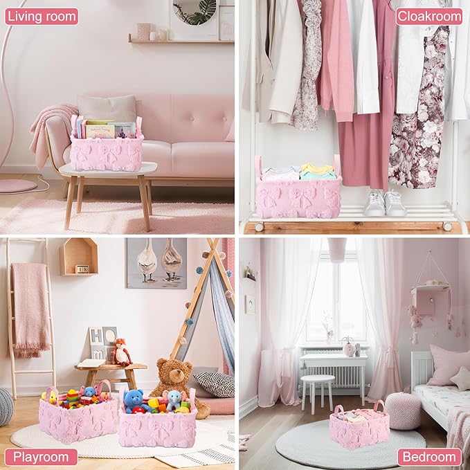 2 Pcs Pink Bow Storage Baskets 14x10 Inch Easter Gifts Baskets Laundry Foldable Fluffy Storage Bin with Handle Spring Coquette Decor Closet Organizer for Countertop Tabletop Shelf
