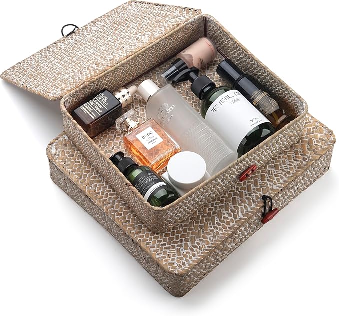 DOKOT Whitewash Flat Seagrass Storage Bins with Lid, Wicker Basket for Shelf Organize, Set of 2 (Small+Large)