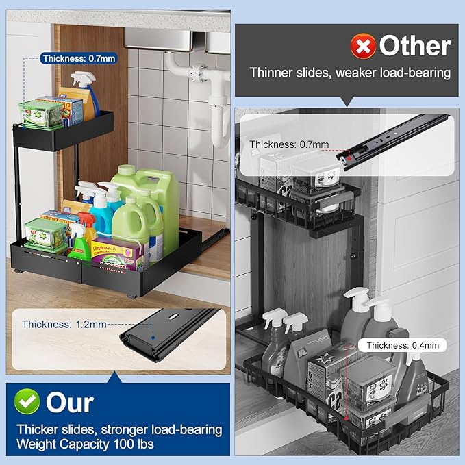 Insputer 2 Pack Under Sink Organizer Expandable Width 9.8"-15" & 2 Tier Under Sink Organizer with 3 Slide Rails, Under Cabinet Storage Expandable 15"-25"
